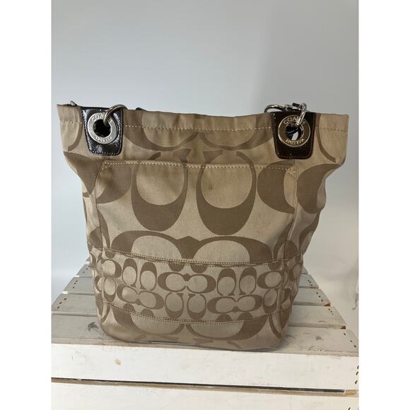 COACH 14449 LARGE TAN, BROWN SIGNAUTE PRINT SHOULDER BAG - Picture 3 of 16